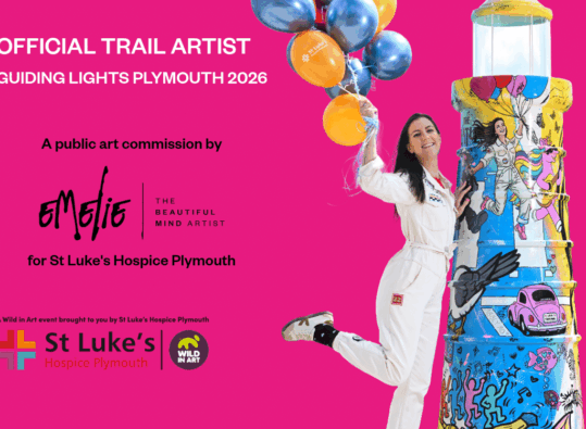 Emelie Susie, The Beautiful Mind Artist, with her Guiding Lights Plymouth 2026 lighthouse sculpture commissioned for St Luke's Hospice Plymouth.